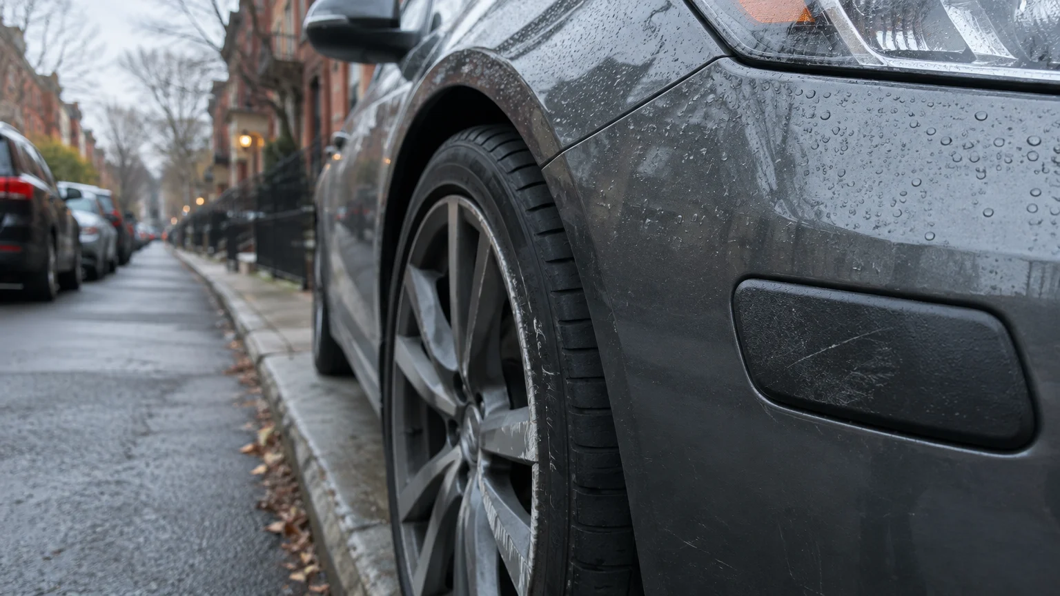 Close-up of a scratched wheel rim and wet bumper on a grey car parked along a city curb.