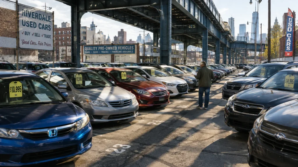 Rows of parked used sedans with price tags on an urban car lot beneath an elevated train track.