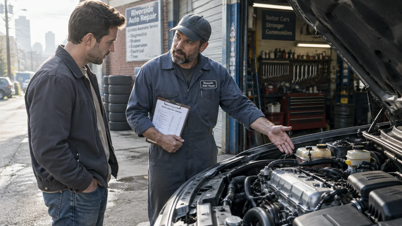 A mechanic in blue overalls holds a clipboard and gestures toward an open car engine while talking to a customer outside a shop.