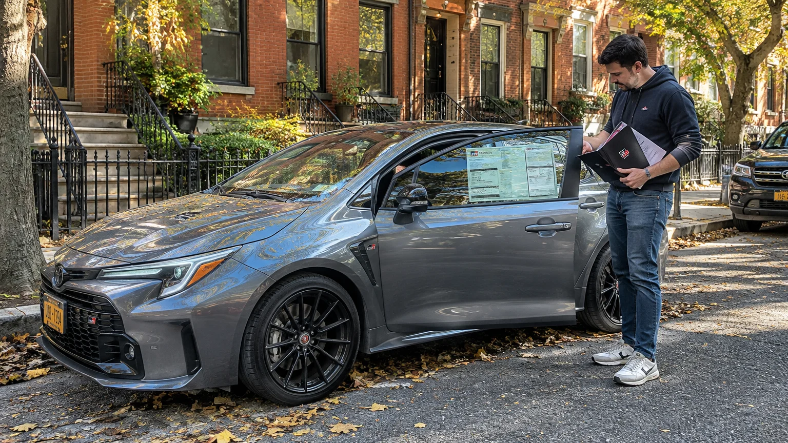Man holding documents next to an open door of a gray hatchback parked on a residential street.