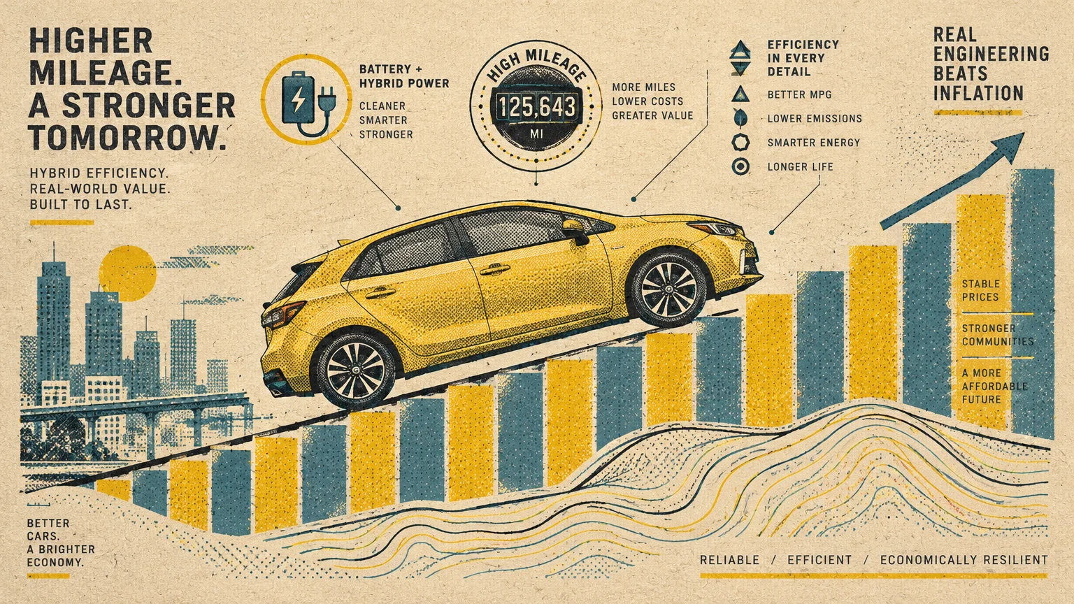 Yellow hatchback driving up an ascending bar chart against a textured city skyline with hybrid car infographics.