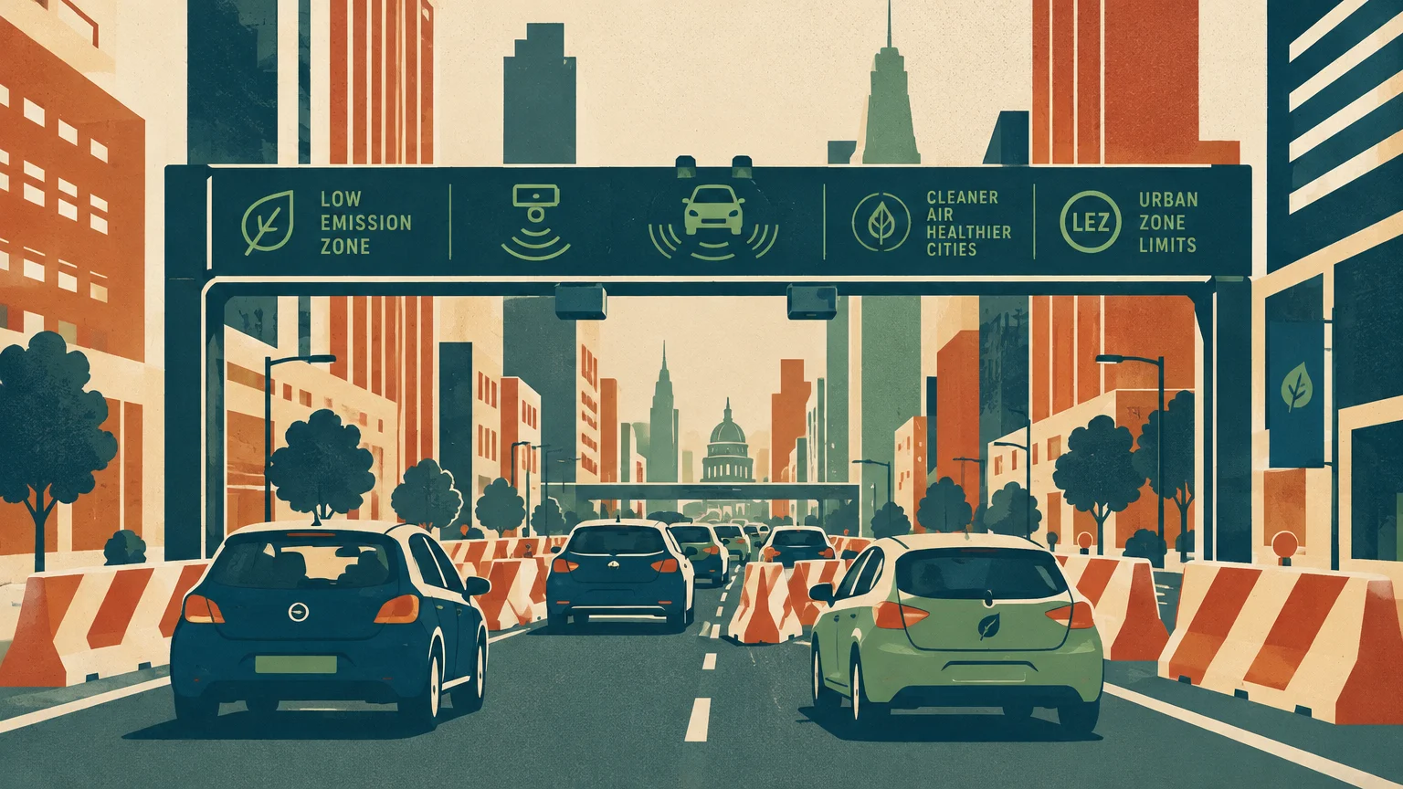 Illustration of cars driving along a city street beneath an overhead low emission zone sensor gantry.
